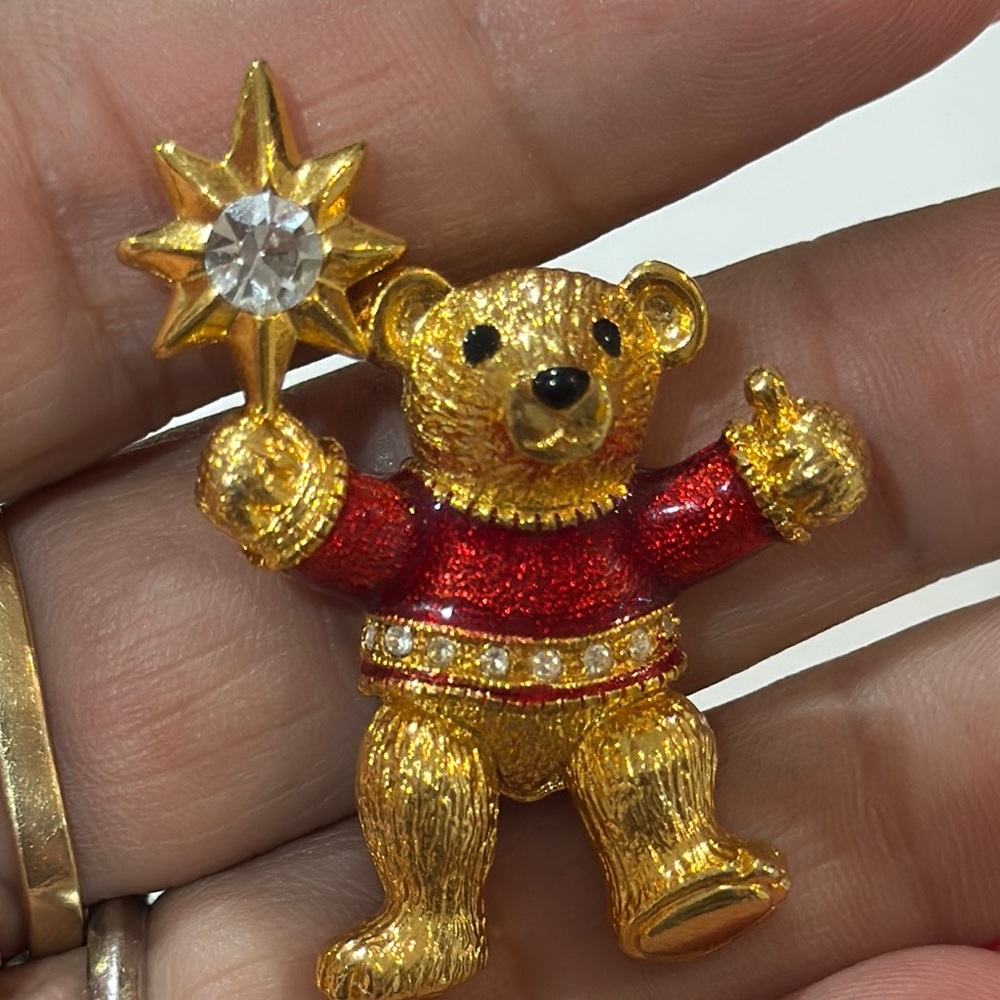 Christopher Radko Gold and Red Bear Brooch with Star